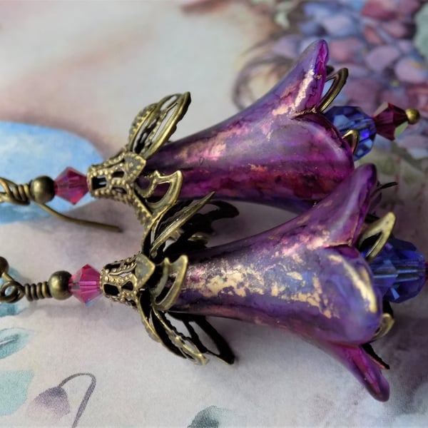 Plum and Gold "Come into the Garden Maud" Hand Painted Lucite Flower Earrings