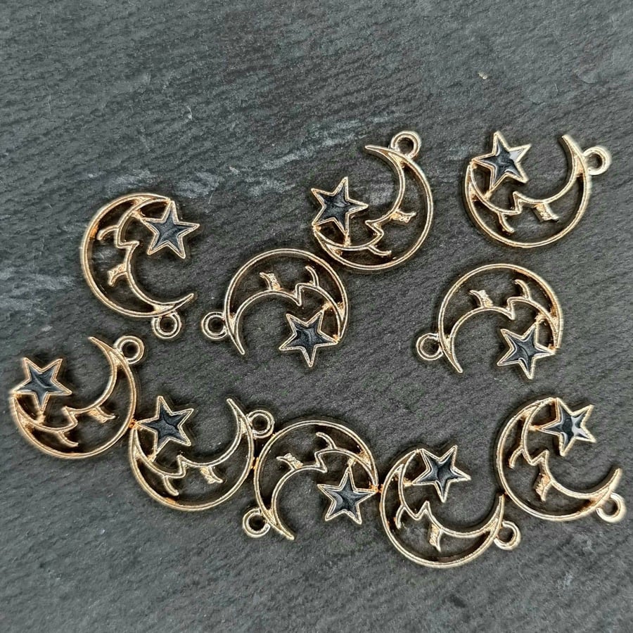 10 Gold colour metal moon with black enamel star charms