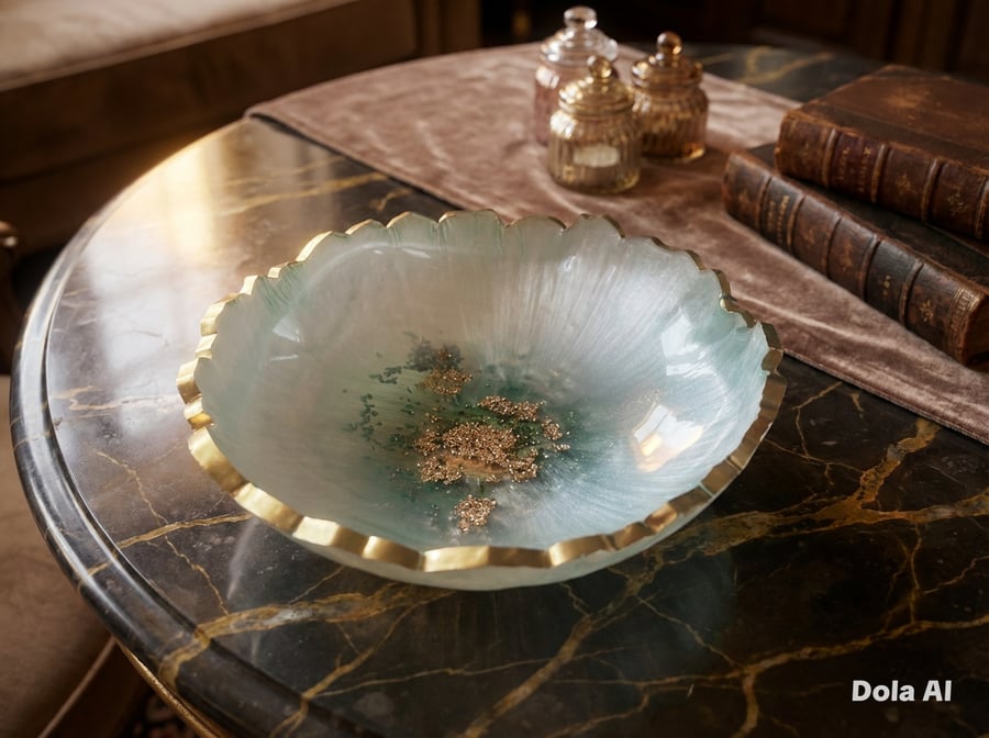 Pale Greeny Blue Pearlised Looking Decorative Bowl with Gold Colour Edging.