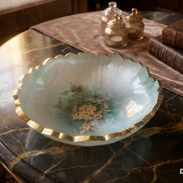 Pale Greeny Blue Pearlised Looking Decorative Bowl with Gold Colour Edging.