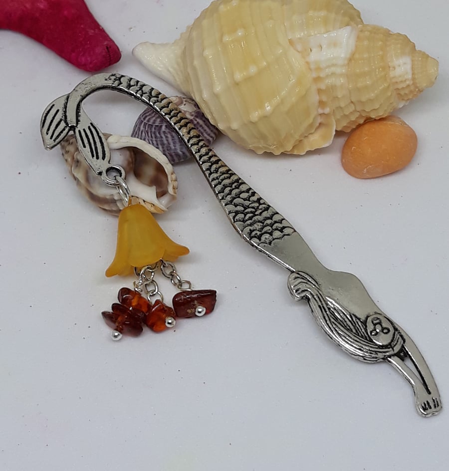 SM26 Mermaid bookmark with orange Lucite flower and amber chips