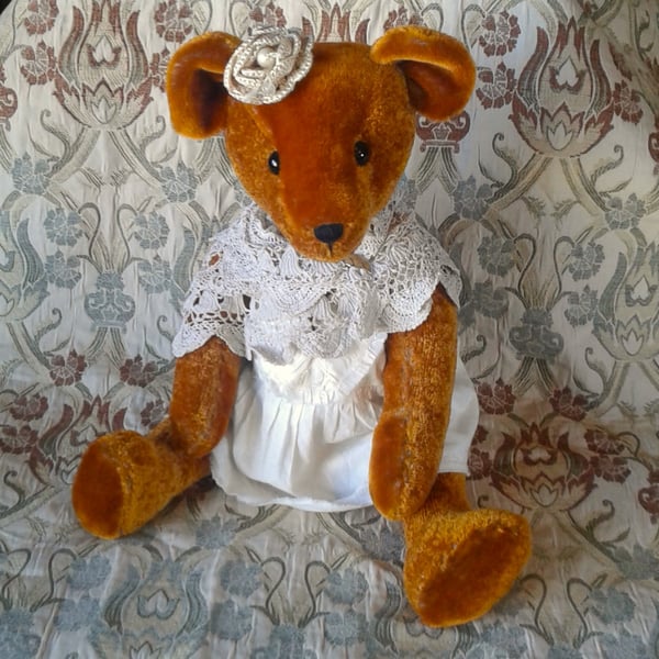 Collector's teddy bear 'born again' from antique and vintage materials. Matilda