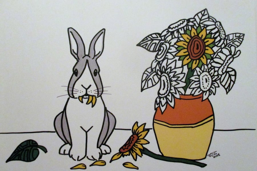 A5 Print of Dutch Bunny Rabbit Vase of Sunflowers Art Picture Limited Edition