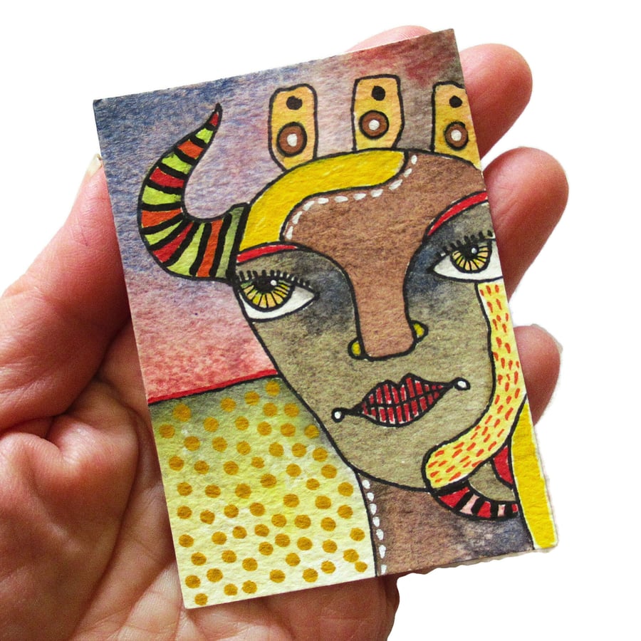 ACEO Portrait Painting Illustration Miniature Outsider Folk Art Mini Artwork