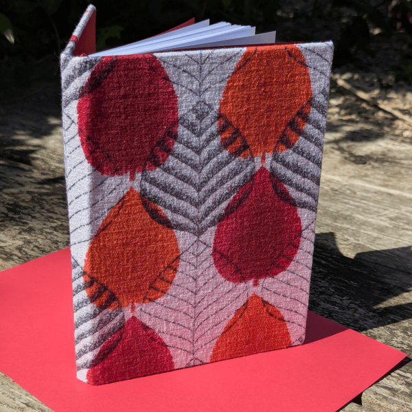 Handmade A5 Journal, 1950s Red and Orange Leaf Design Vintage Barkcloth Fabric