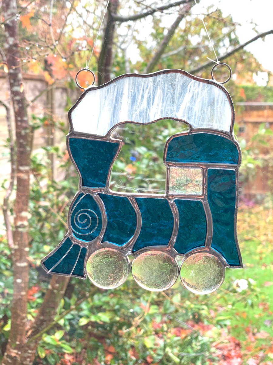 Stained Glass Train Suncatcher - Handmade Hanging Decoration - Turquoise 