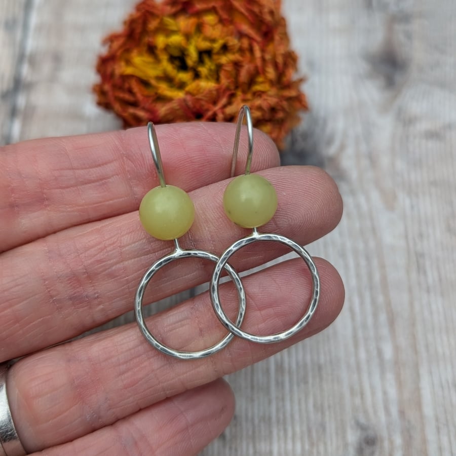 Sterling Silver Hammered Circle Earrings with Yellow Jade