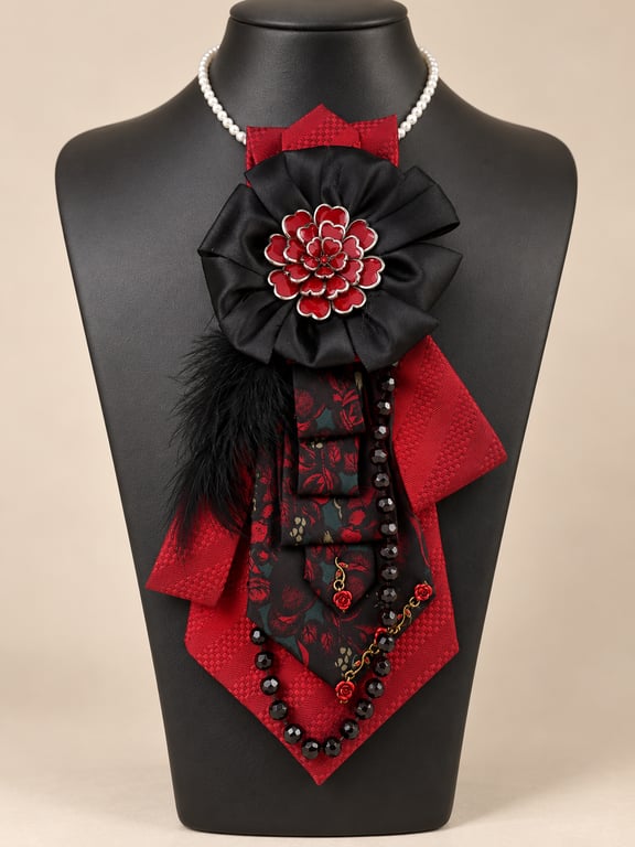 Handmade Red and Black Upcycled Necktie Statement Accessory
