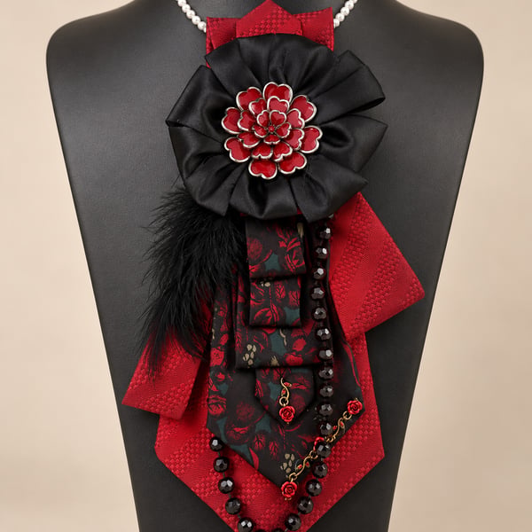 Handmade Red and Black Upcycled Necktie Statement Accessory