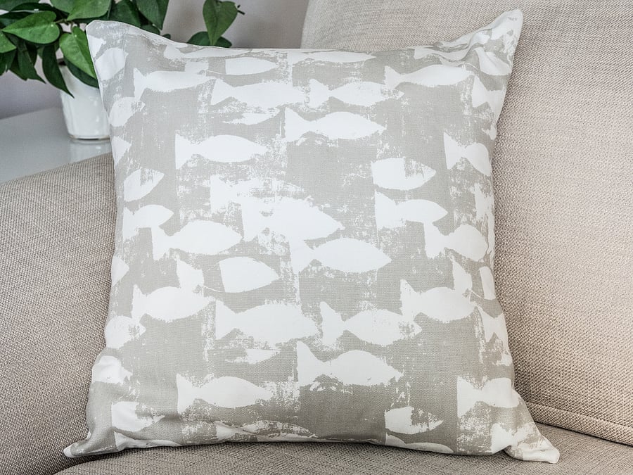 sardines shoal of fish square 18” 45cm 18in cushion cover neutral colours 