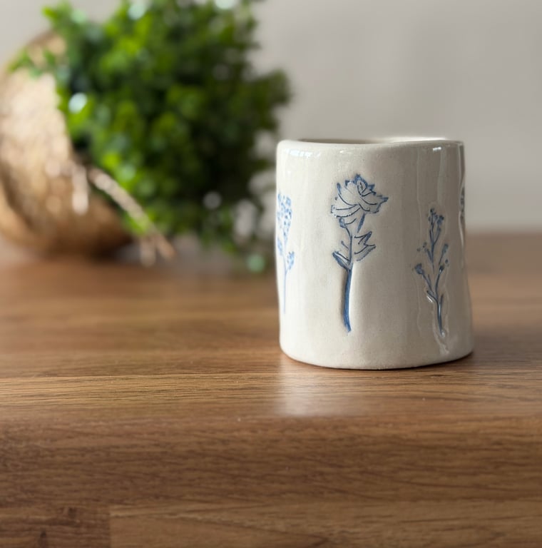 Stoneware Vase with Stamped Blue Flowers – Small Ceramic Vase