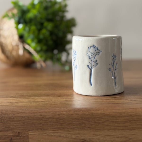 Stoneware Vase with Stamped Blue Flowers – Small Ceramic Vase