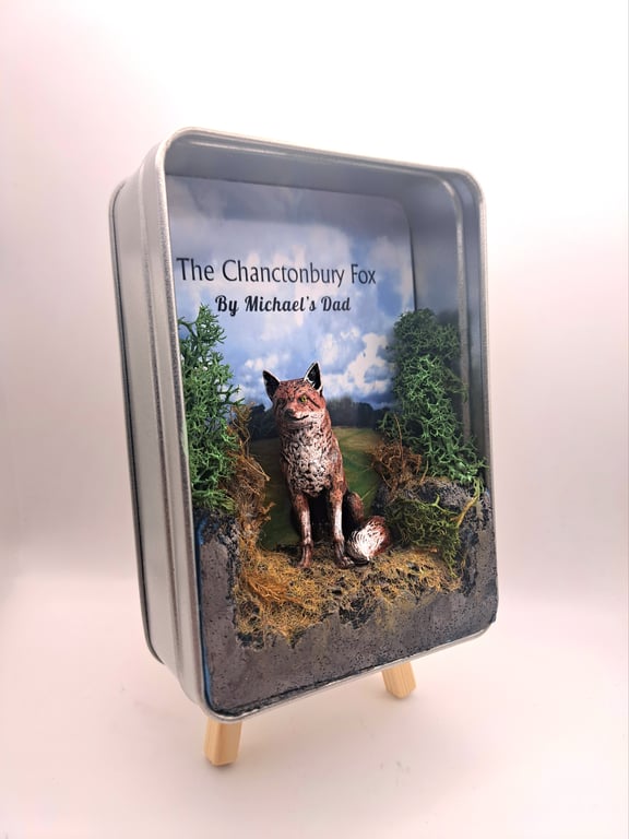 Chanctonbury Fox hand made, hand painted miniature diorama Gift tin Sussex 