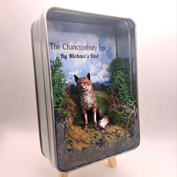 Chanctonbury Fox hand made, hand painted miniature diorama Gift tin Sussex 