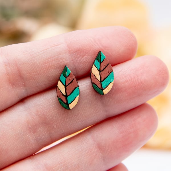 Hand Painted Green Wooden Leaf Earrings, Autumn Earrings, Green Leaf Studs