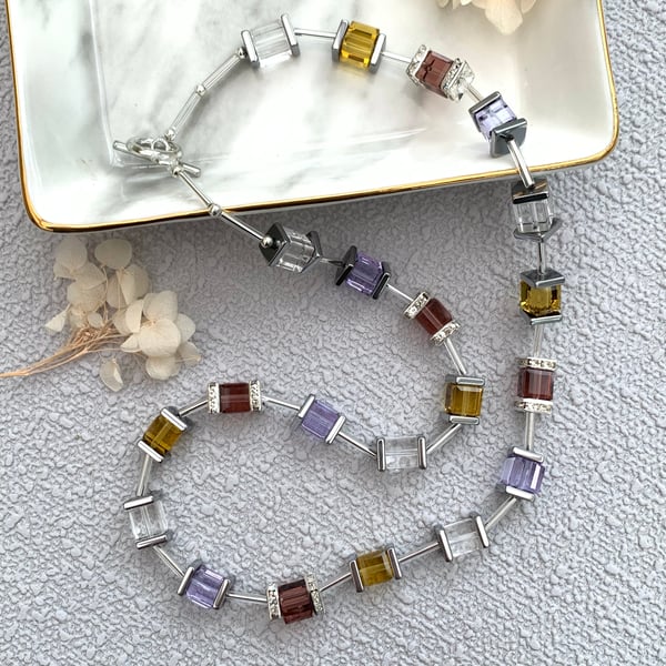 Mixed Colour Glass Cube Bead Necklace and Earrings Set