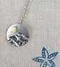 Circular silver, sea coast sunrise pendant, with brass sun and seagulls - Image 2