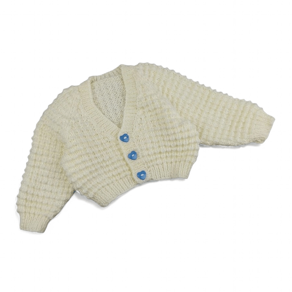 Hand Knitted Cream Baby Cardigan 0-3 Months with Blue Heart Buttons 