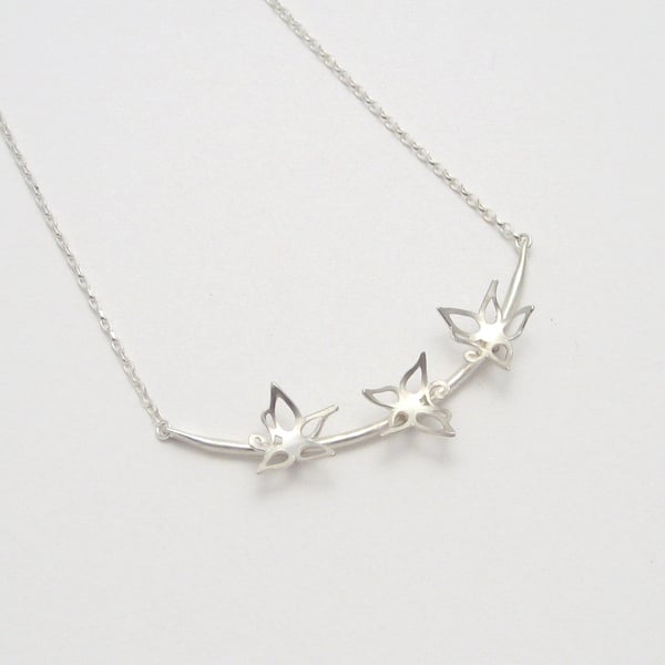 Sterling Silver Blossom Curved Necklace with 3 Flowers