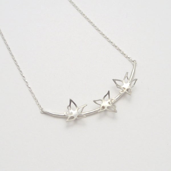 Sterling Silver Blossom Curved Necklace with 3 Flowers