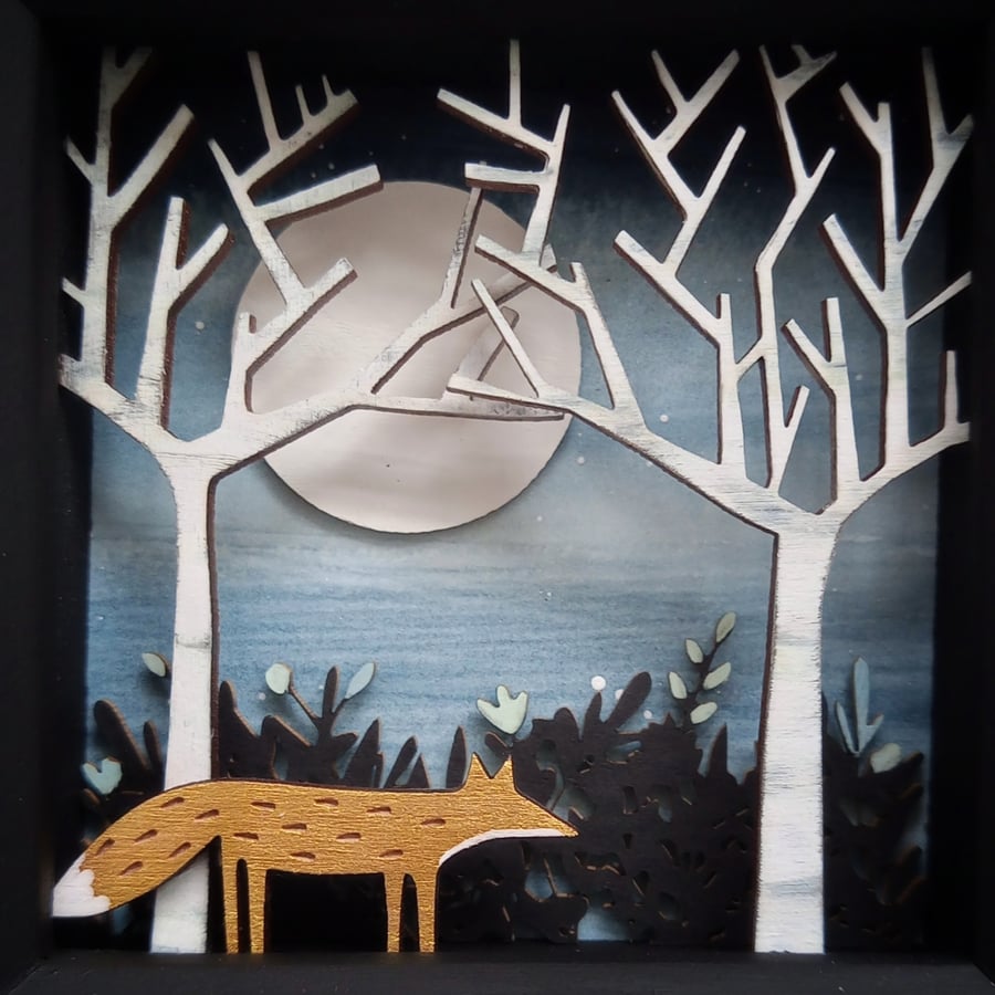 Fox Picture, Diorama, Enchanted Forest Shadow Box, Folk Art