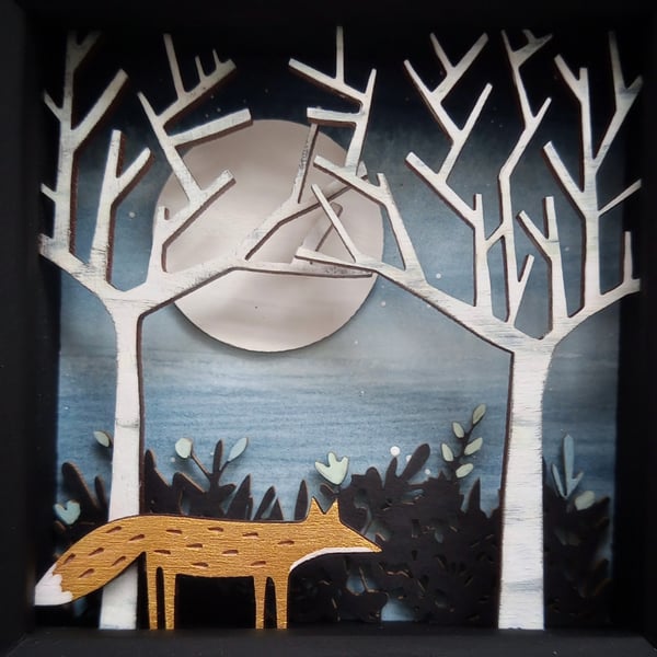 Fox Picture, Diorama, Enchanted Forest Shadow Box, Folk Art