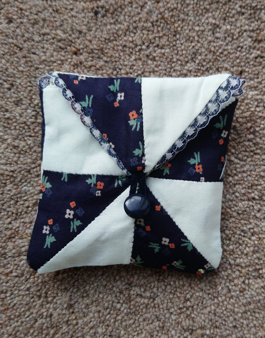 Little patchwork bag, purse or gift pouch, navy blue & pale green or pink