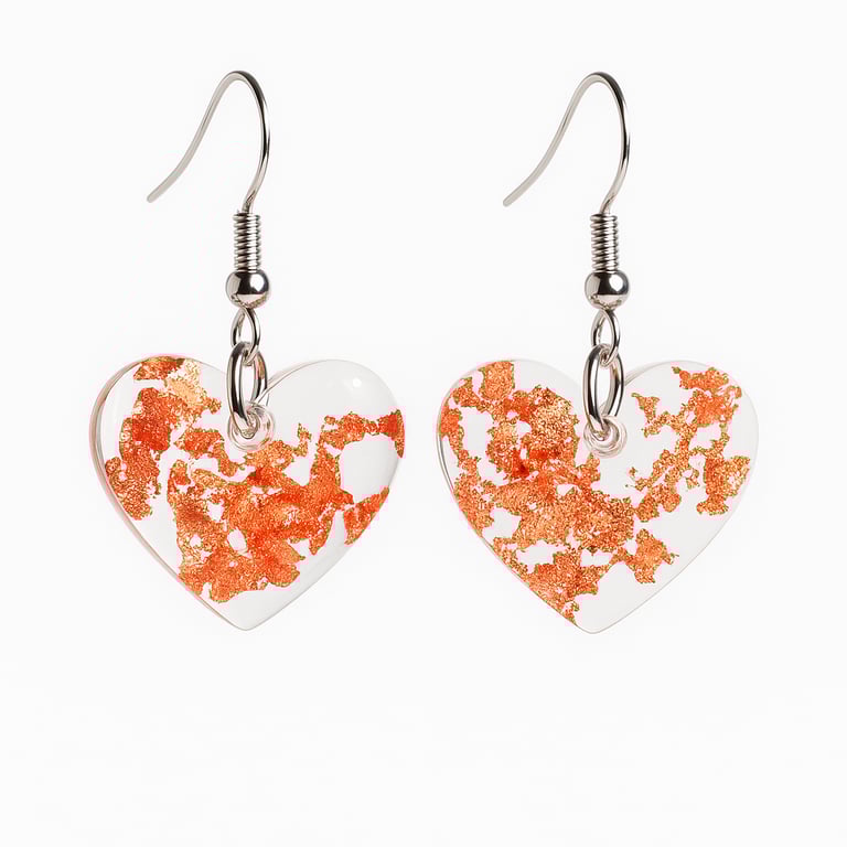 Rose Gold Leaf Heart Dangle Resin Earrings – Lightweight Romantic Jewellery 