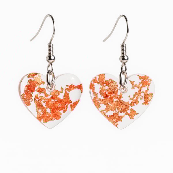 Rose Gold Leaf Heart Dangle Resin Earrings – Lightweight Romantic Jewellery 