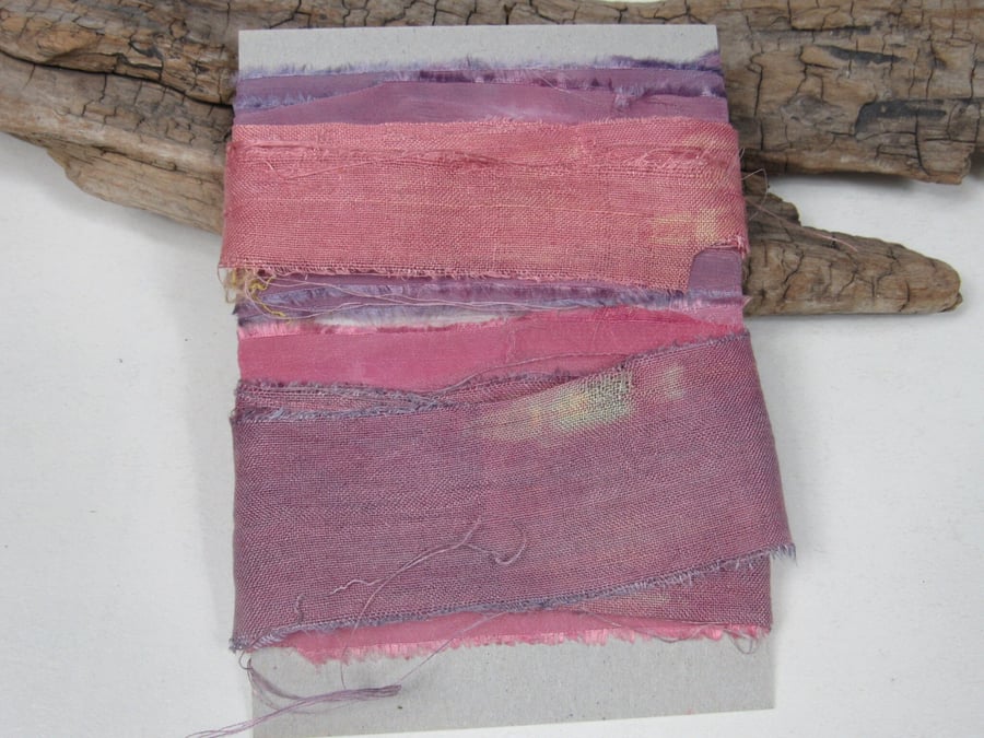 Cochineal & Indigo Natural Dye Pink Purple Scrappy Cotton Silk Ribbon Pack