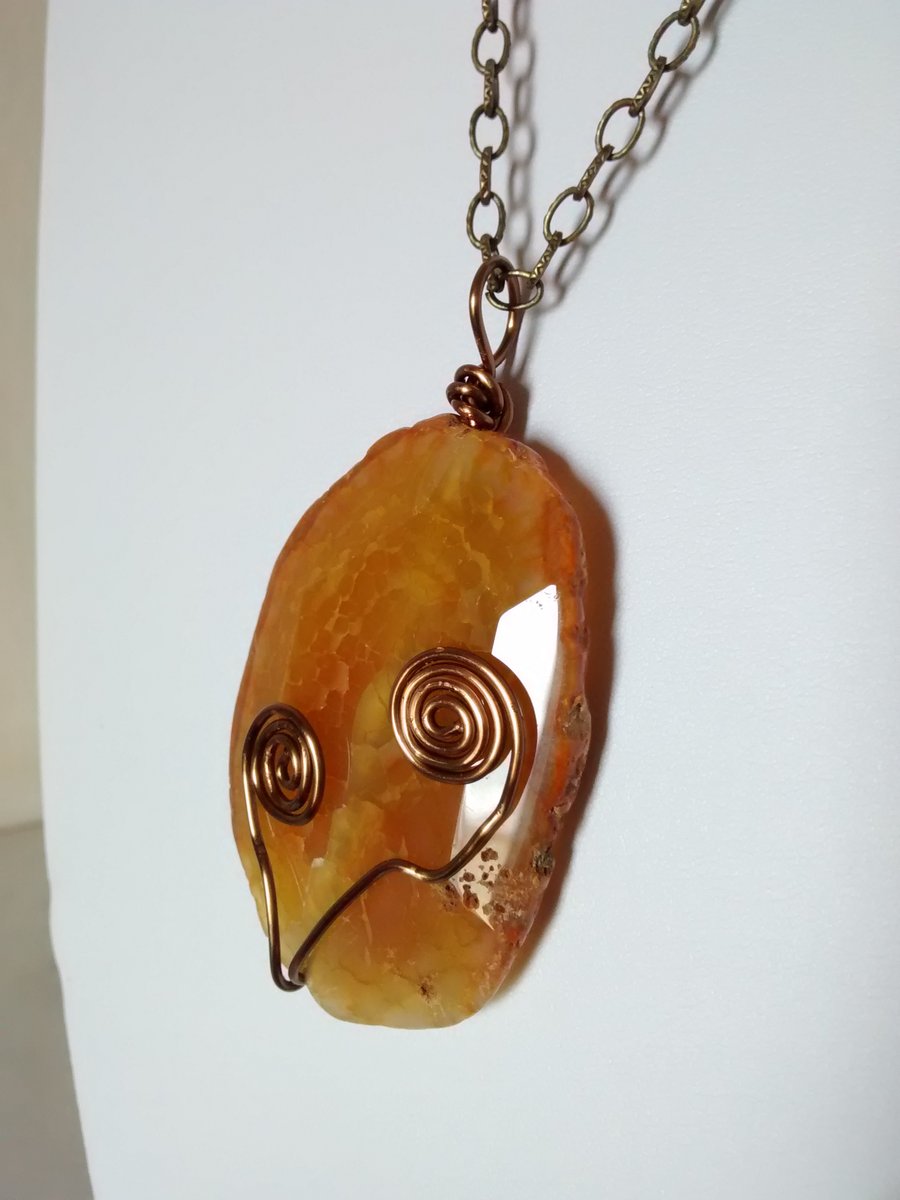 SALE!    ORGANIC ORANGE CRACKLE SLAB AND BRONZE NECKLACE - FREE UK POSTAGE
