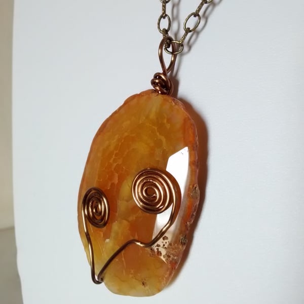 SALE!    ORGANIC ORANGE CRACKLE SLAB AND BRONZE NECKLACE - FREE UK POSTAGE