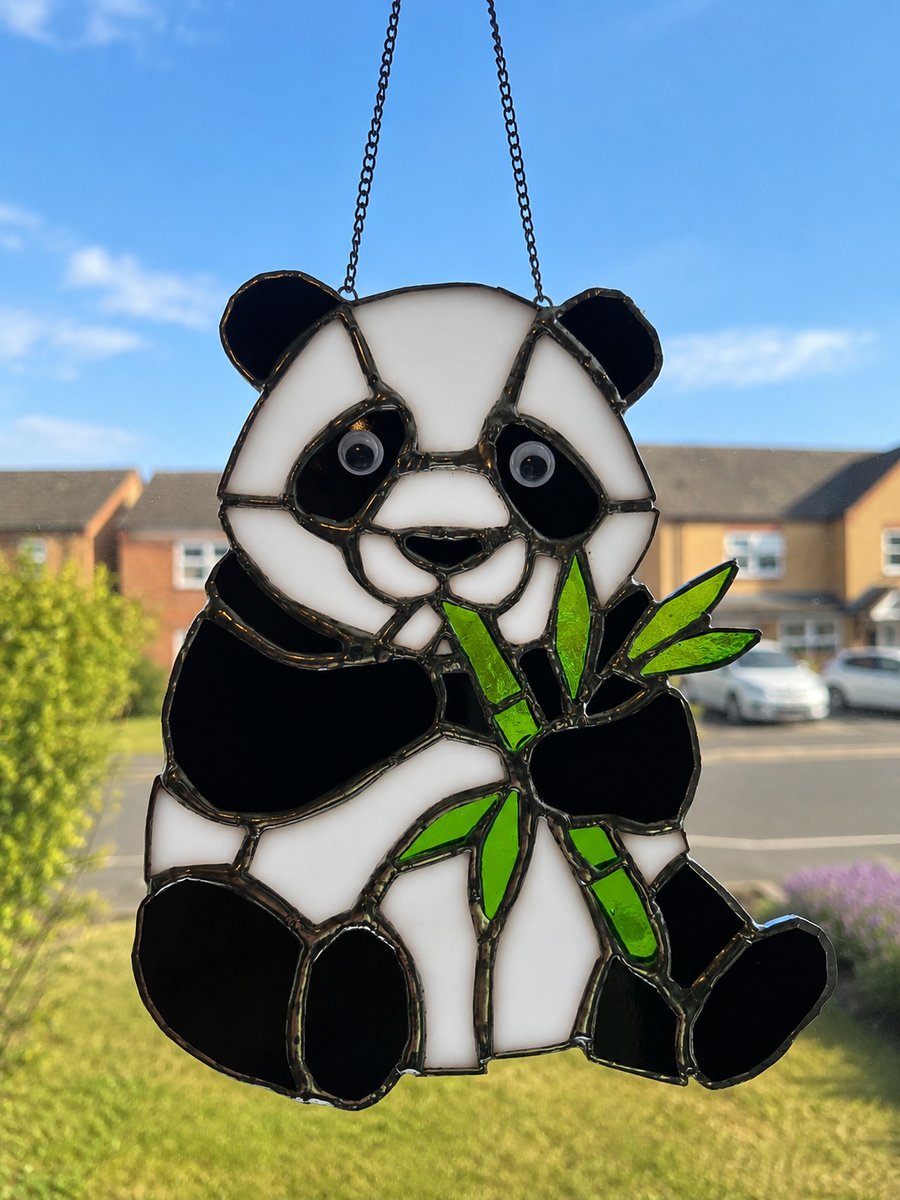 Handmade Stained Glass Panda Suncatcher with Black Patina Solder