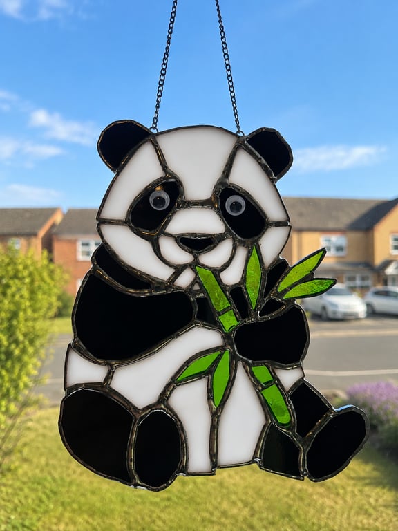 Handmade Stained Glass Panda Suncatcher with Black Patina Solder