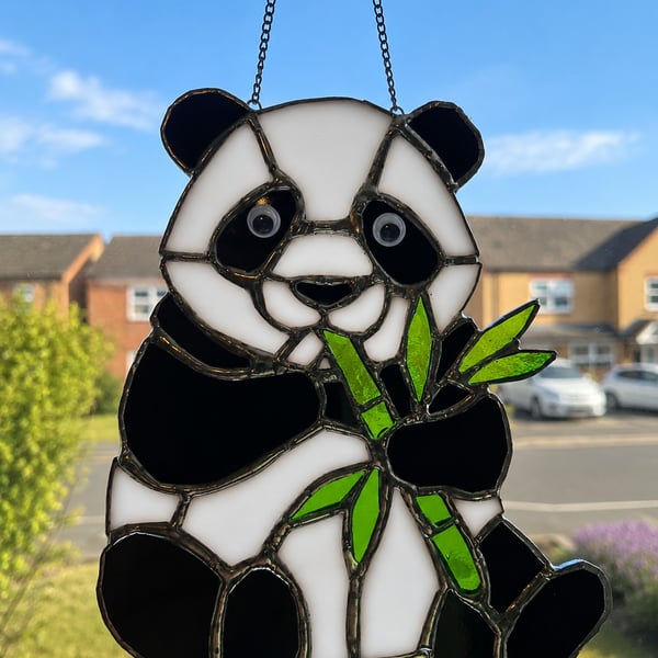 Handmade Stained Glass Panda Suncatcher with Black Patina Solder