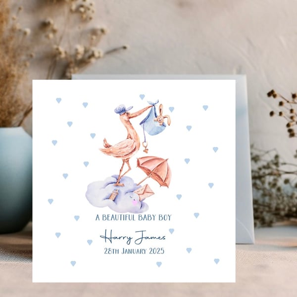 New Baby Boy Card - Watercolour stork design - personalised 