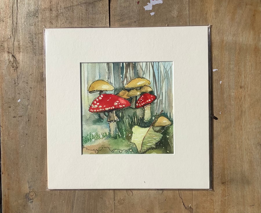Original mounted watercolour painting of toadstools in woodland. One off.