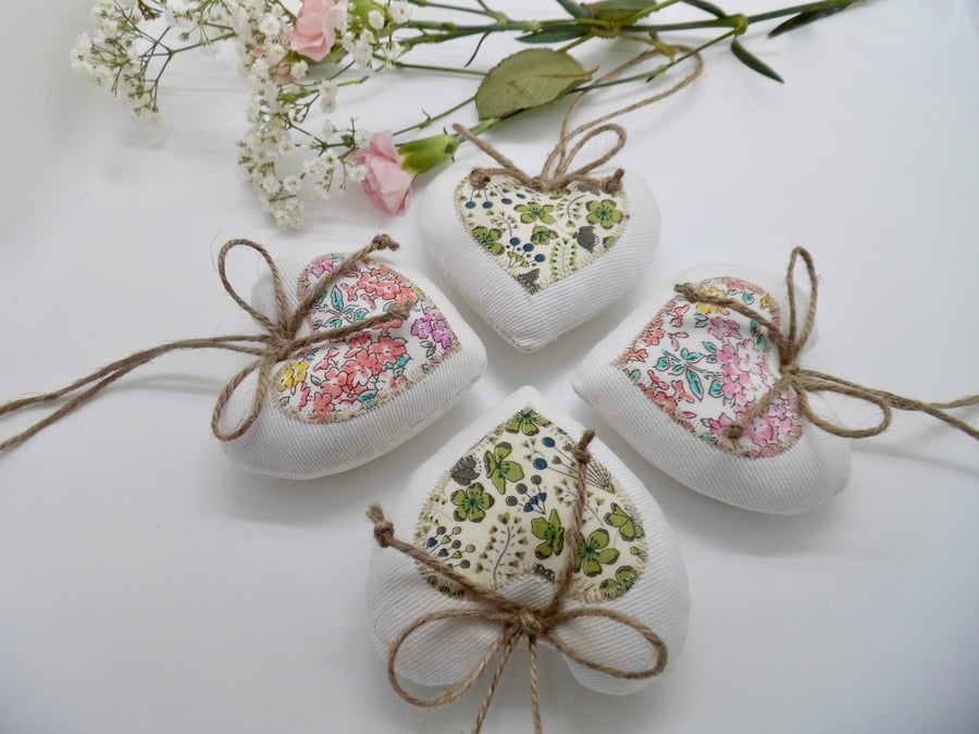 Heart decorations pack of 4 white with Liberty prints 