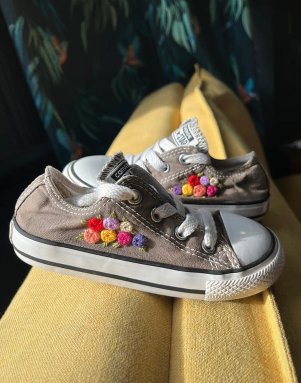 Children’s Hand-Embroidered Grey Converse Trainers – Rose Detail – One of a Kind