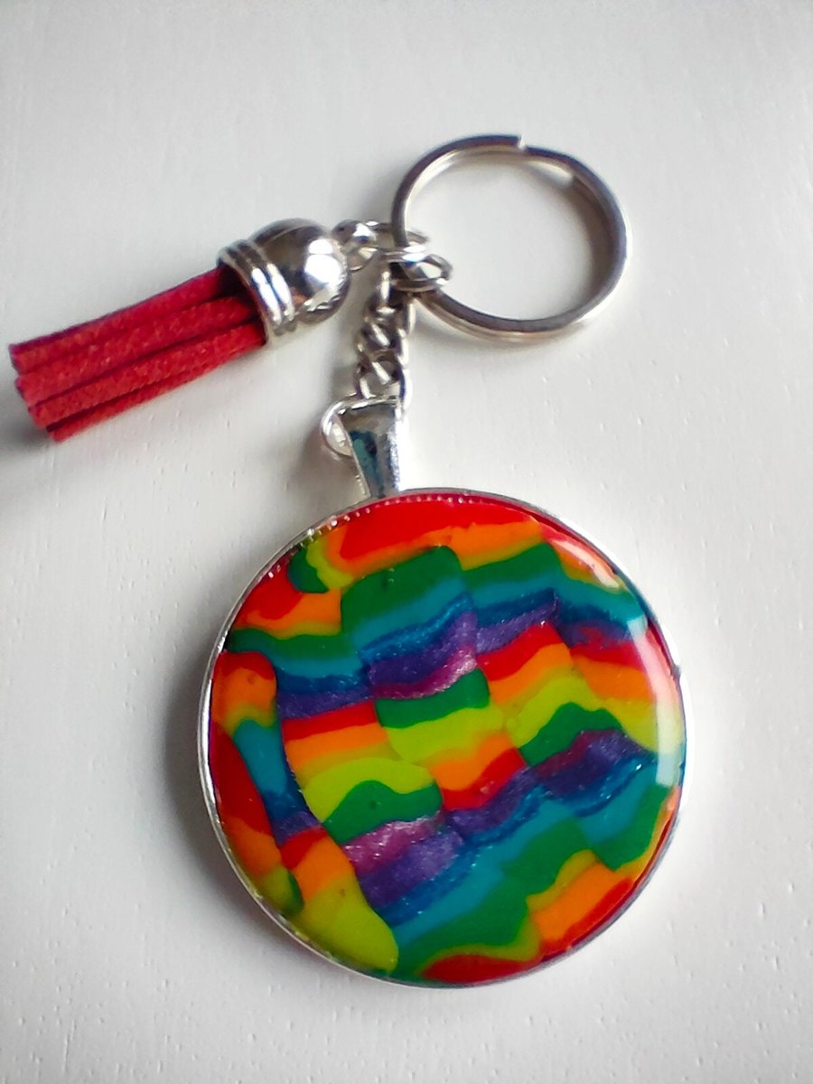 Rainbow Polymer Clay Round Keyring