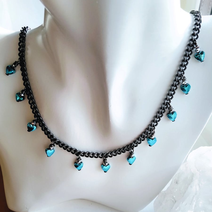 Metallic Blue & Black Hematite Hearts Charm Necklace on Black Curb Chain 