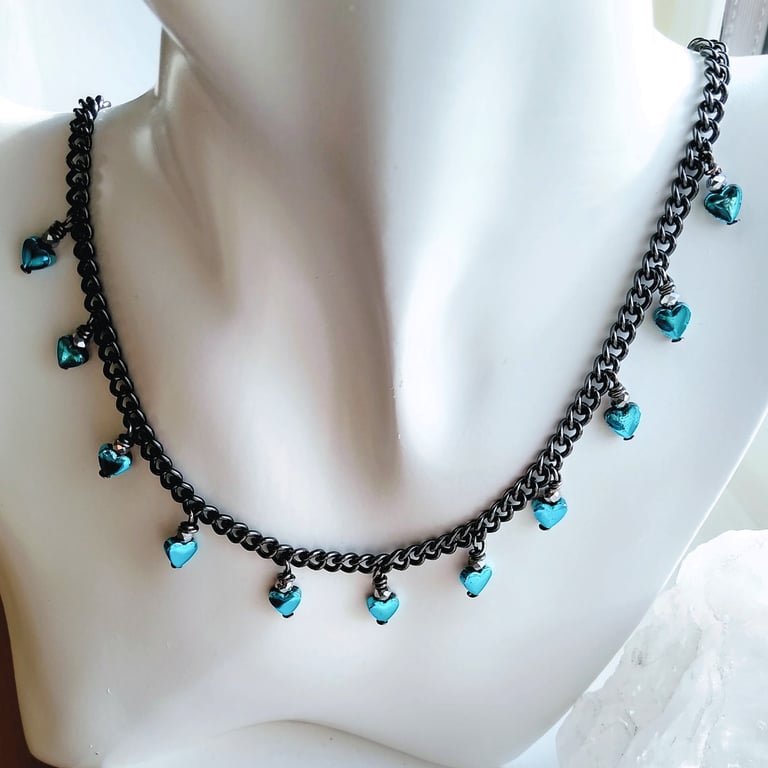 Metallic Blue & Black Hematite Hearts Charm Necklace on Black Curb Chain 