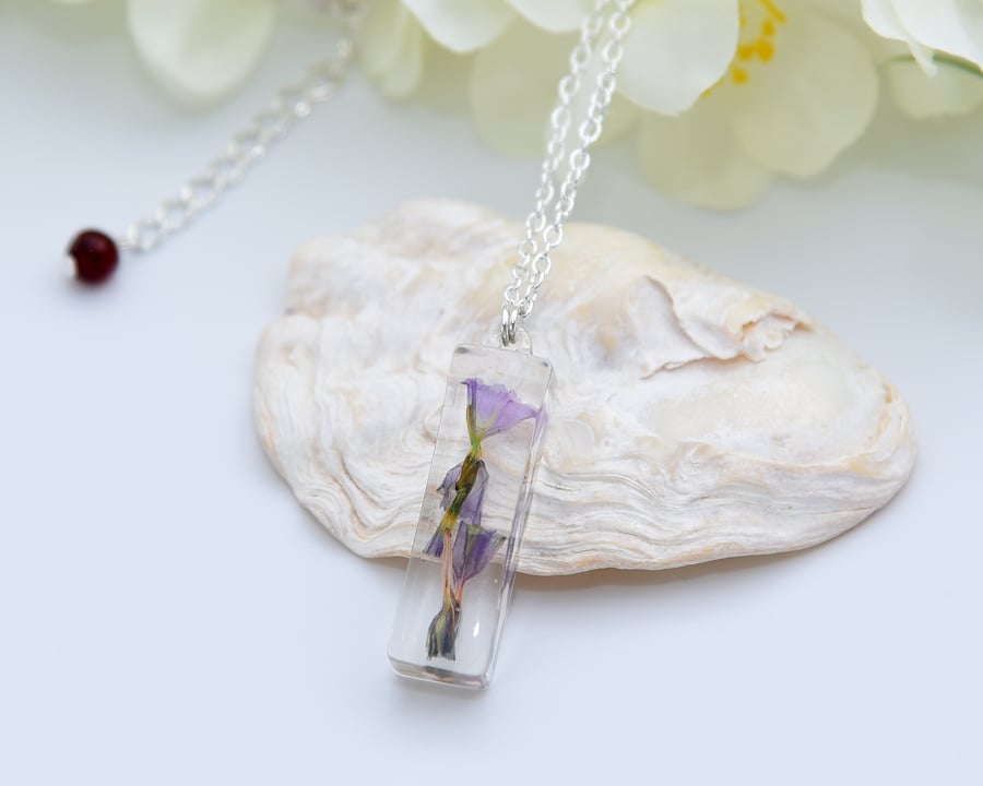 Purple Dried Flower in Resin Necklace