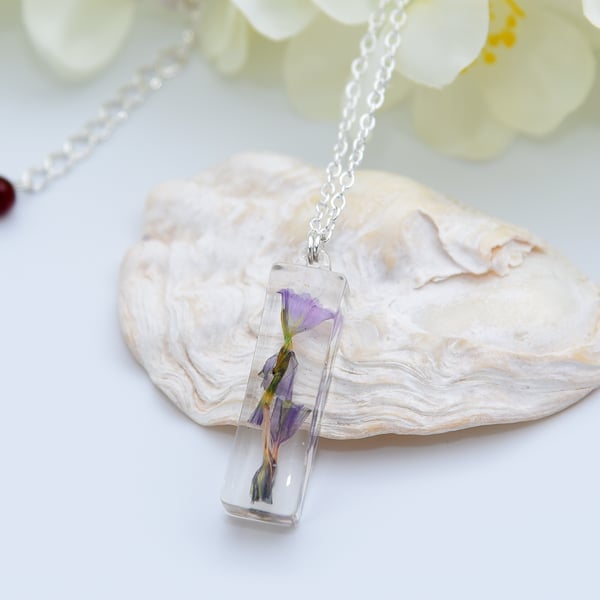 Purple Dried Flower in Resin Necklace
