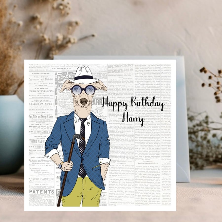 Hipster Dog Greetings Card Personalised for any occasion and with any text
