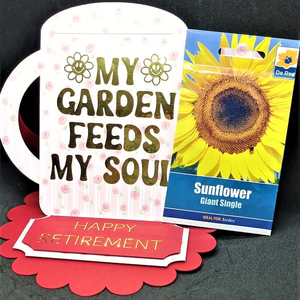 Unique retirement easel fold watering can card with sunflower seeds