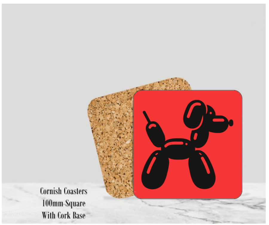 Red Balloon Dog Coaster 4" Square With Cork Base