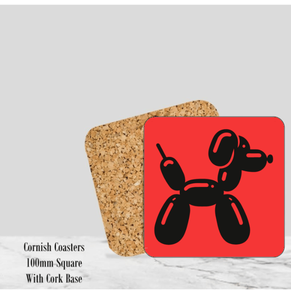 Red Balloon Dog Coaster 4" Square With Cork Base