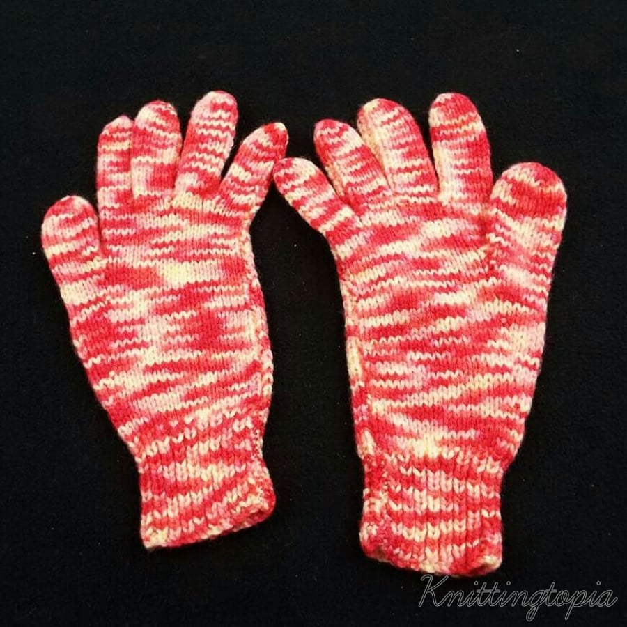Hand knitted ladies gloves in red and yellow mix yarn 