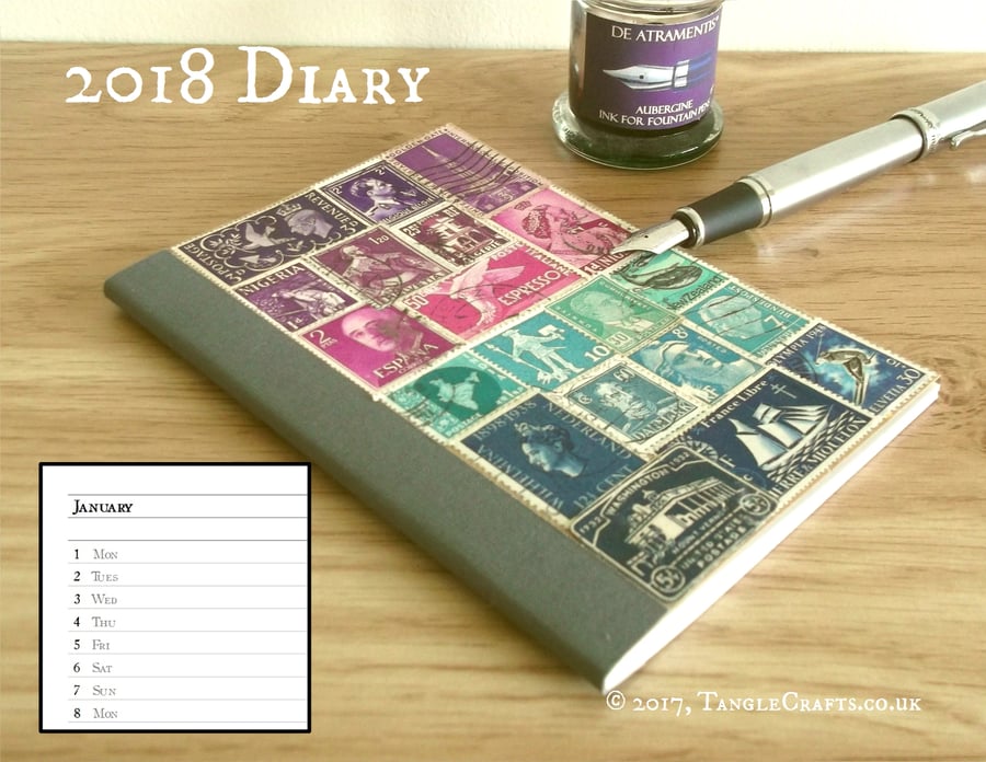 2018 Diary - Purple Teal A6 Pocket Planner, Upcycled Postage Stamp Art Collage